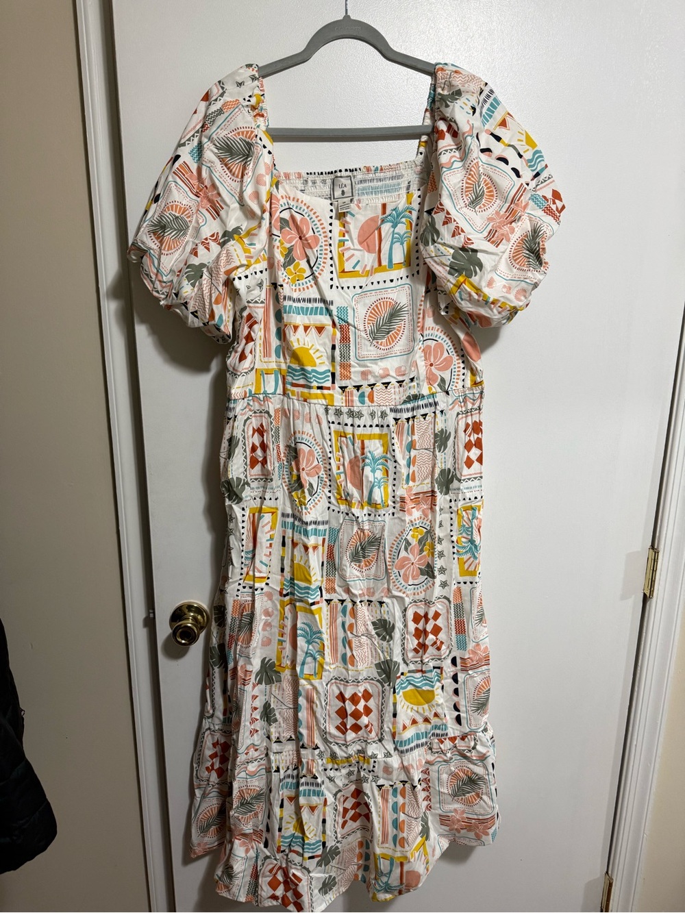 Lei White Maxi Dress with Coral, Mustard, Teal & Tan Print